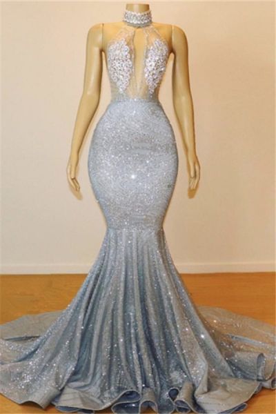 Mermaid Halter-neck Sleeveless Floor-length Evening Gown With Sequins