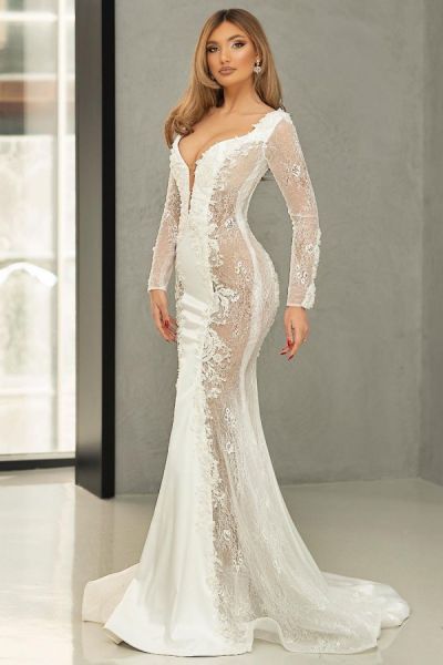 Mermaid Plunging Neckline Long Sleeves Court Train Satin Bridal Gown With Lace