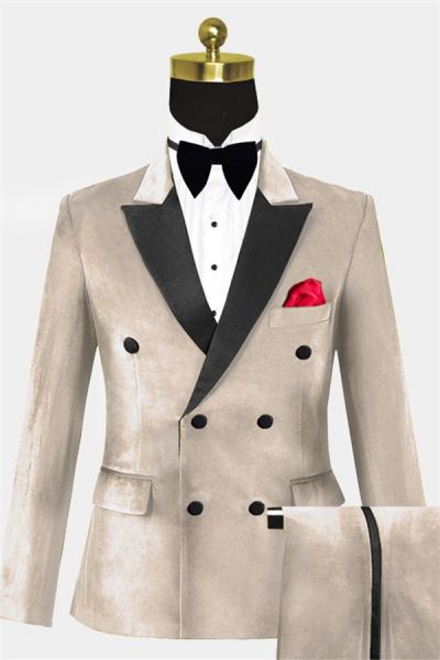 Beige Double Breasted Velvet Prom Suit with Slim Fit