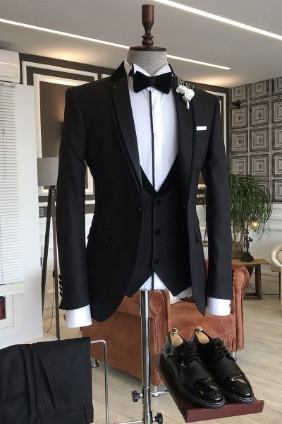 Black Slim Fit Business Suit with Notched Lapel