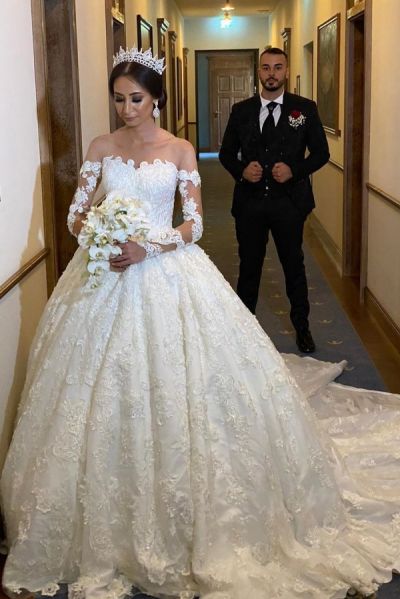 Off-the-shoulder Long Sleeves Court Train Lace Bridal Gown With Lace