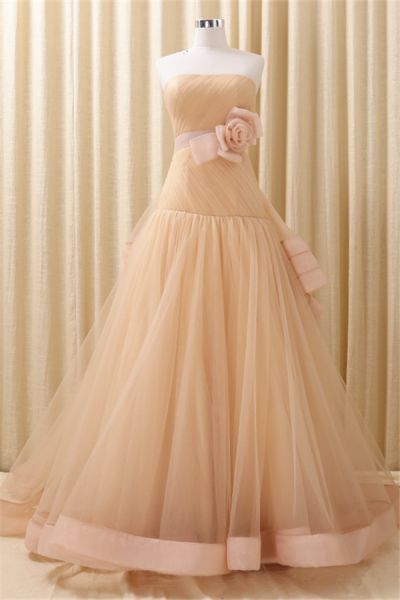 Ball Gown Strapless Sleeveless Sweep / Brush Train Organza Evening Gown With Tiered
