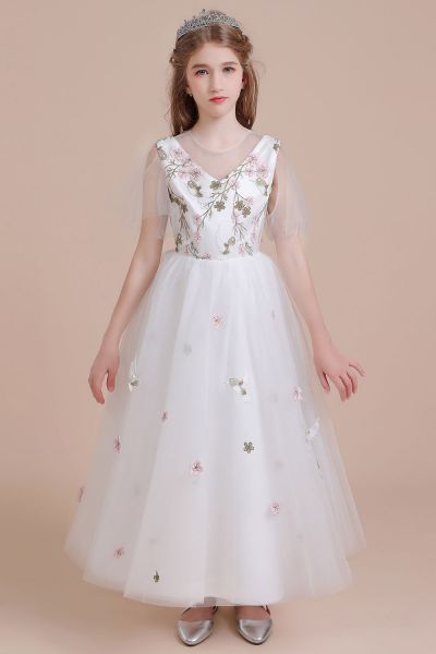 A-line V-neck Jewel Neck Short Sleeves Ankle-length Tulle Flower Girl Dress With Embroidery