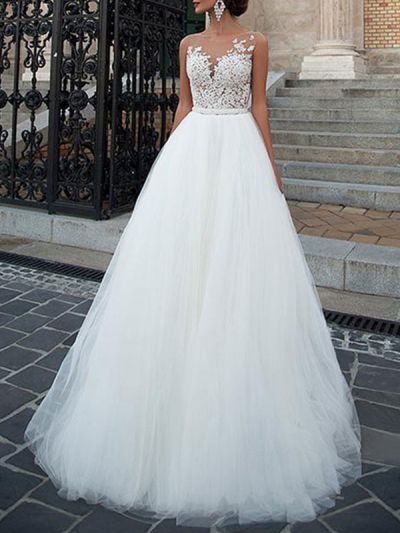 A-line Sleeveless Court Train Bridal Gown With Buttons