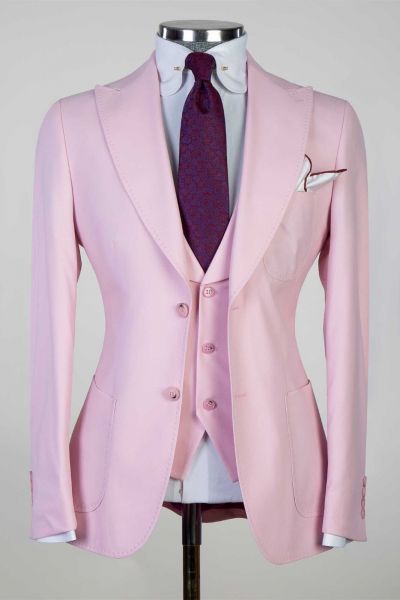 Pink Peaked Lapel Three Pieces Best Fitted Men Suit