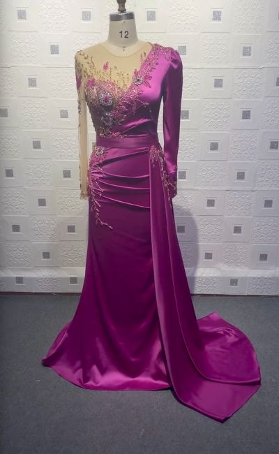 Column Jewel Neck Long Sleeves Sweep / Brush Train Tulle Evening Dress With Pearls