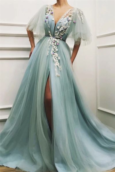 A-line Plunging Neckline Half-Sleeves Floor-length Tulle Formal Wear With Appliques