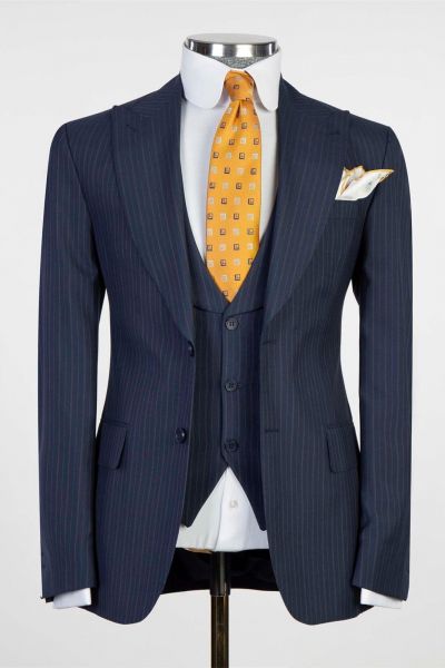 Navy Stripe Three Pieces Business Suit with Peaked Lapel