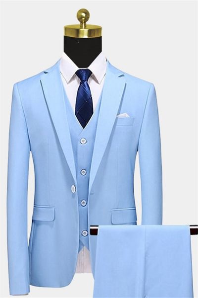 Sky Blue Three Piece Men's Suit