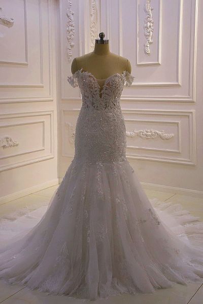 Mermaid Off-the-shoulder Sweetheart Neck Floor-length Tulle Wedding Dress With Appliques