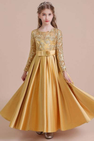 A-line Jewel Neck Long Sleeves Ankle-length Satin Flower Girl Dress With Embroidery