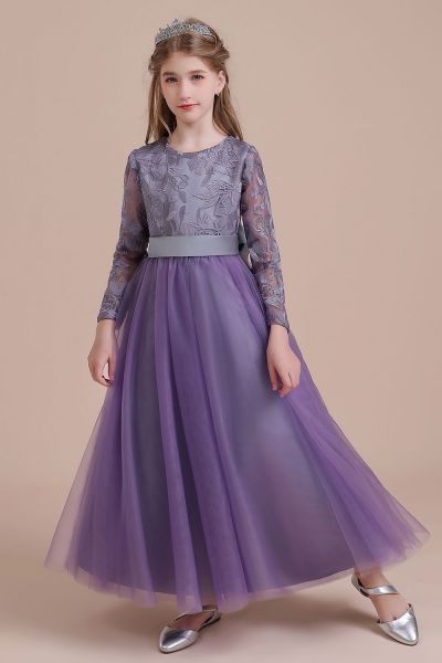 A-line Jewel Neck Long Sleeves Ankle-length Tulle Flower Girl Dress With Bow