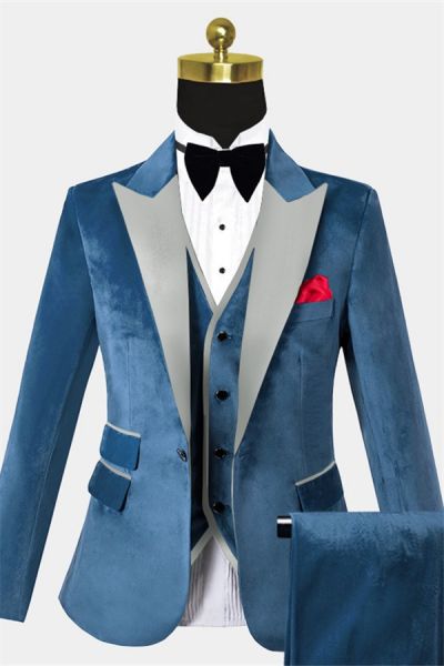 Cerulean Blue Single Breasted Velvet Prom Suit with Skinny Fit