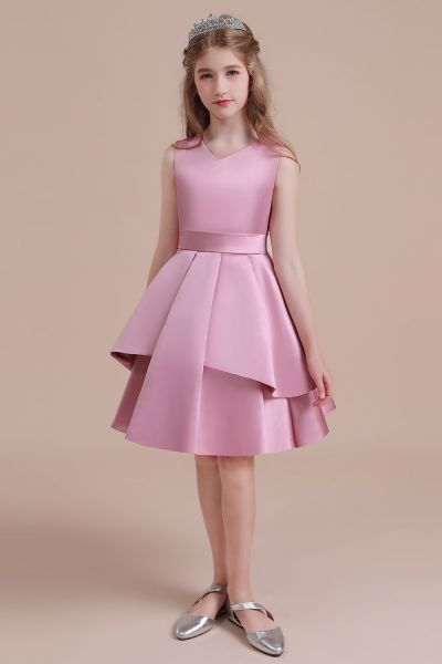 A-line V-neck Sleeveless Knee-length Satin Flower Girl Dress With Ribbons