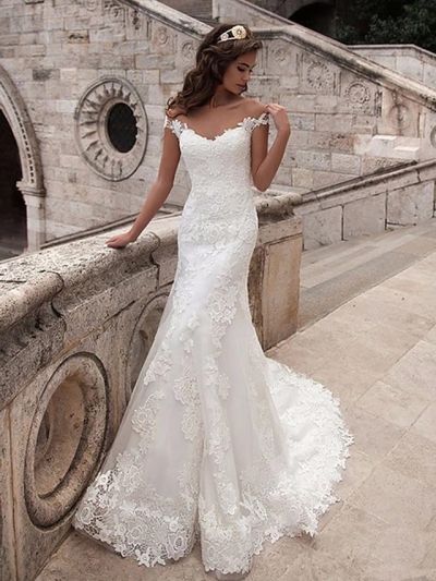 Mermaid Short Sleeves Court Train Lace Wedding Gown With Buttons