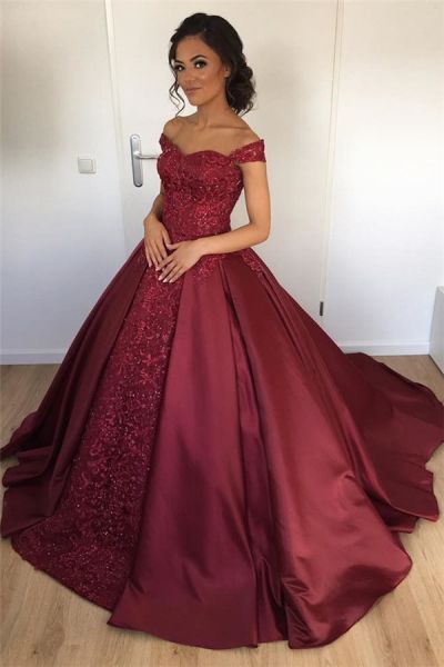 Ball Gown Off-the-shoulder Sleeveless Sweep / Brush Train Stretch Satin Formal Dress With Appliques