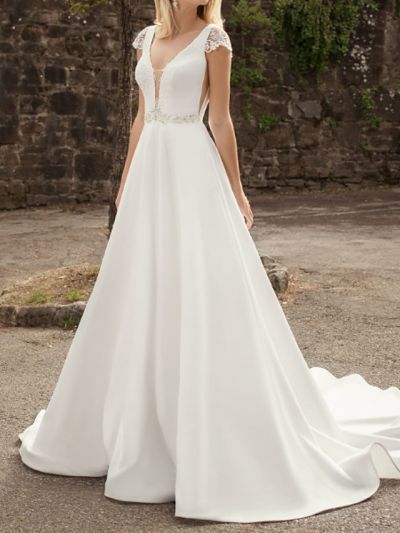 A-line V-neck Cap Sleeves Sweep / Brush Train Lace Wedding Dress With Lace