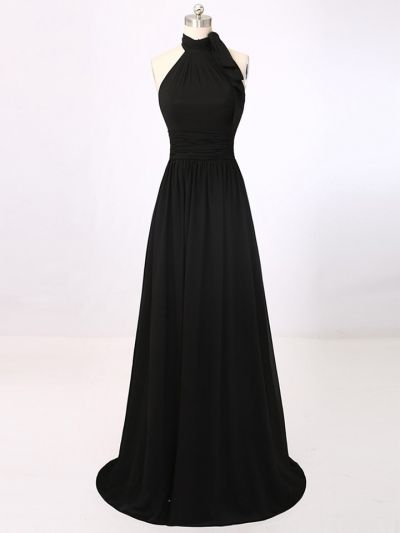 A-Line Black Halter Summer Party Dresses  Chiffon Long Prom Dress