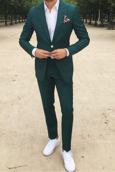 Dark Green Single Breasted Men's Suit with Peaked Lapel for Prom