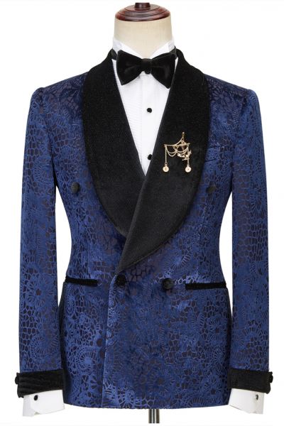 Dark Navy Jacquard Double Breasted Men Wedding Suit with Sparkle Shawl Lapel