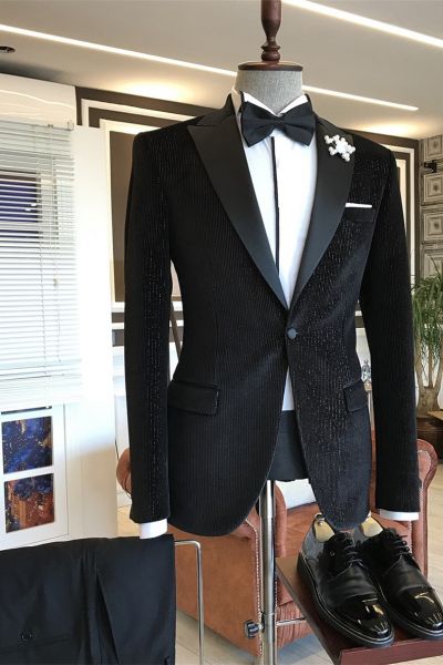 Black Sparkle Stripes Peaked Lapel Men Suit
