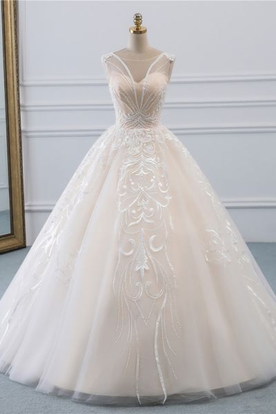 Ball Gown Jewel Neck Sleeveless Floor-length Tulle Bridal Dress With Lace