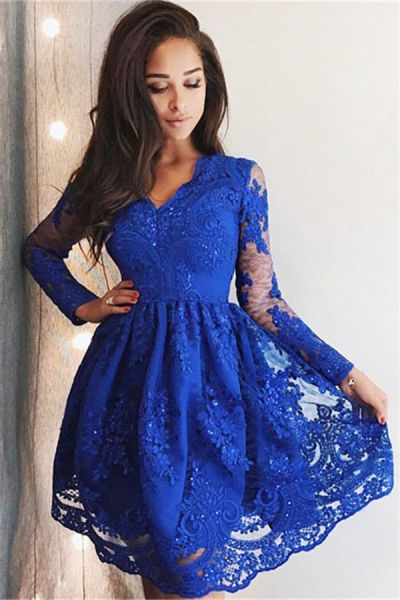 A-line V-neck Long Sleeves Mini Homecoming Dress With Lace