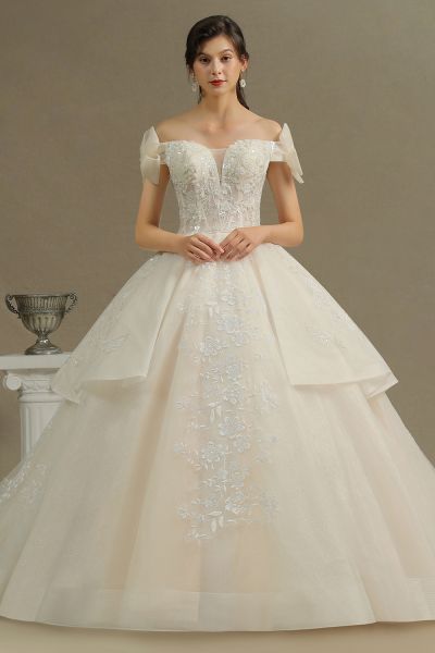 A-line Strapless Cap Sleeves Cathedral Train Tulle Wedding Gown With Lace