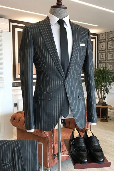 Black Striped Slim Fit Business Men's wear with Notched Lapel