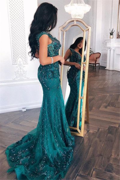 Mermaid V-neck Sleeveless Sweep / Brush Train Evening Gown With Appliques