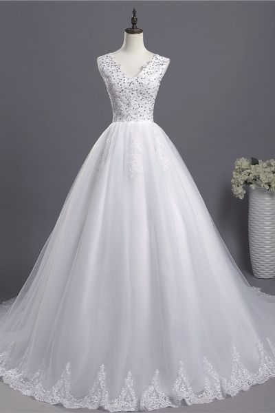 A-line Straps V-neck Sleeveless Floor-length Tulle Wedding Dress With Appliques