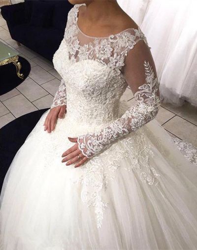 Ball Gown Scoop Neck Sweep / Brush Train Tulle Bridal Attire With Lace
