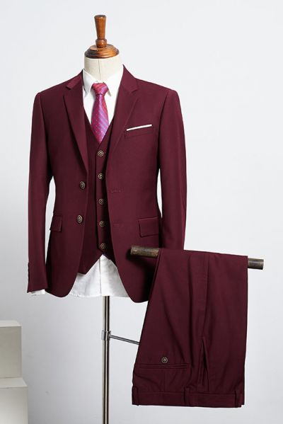 Burgundy 3 Pieces Slim Fit Tailored Suit For Business