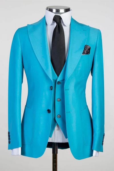 Blue Close Fitting Business Suit with Peaked Lapel