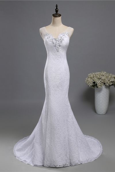 Mermaid Straps Floor-length Tulle Wedding Dress With Lace