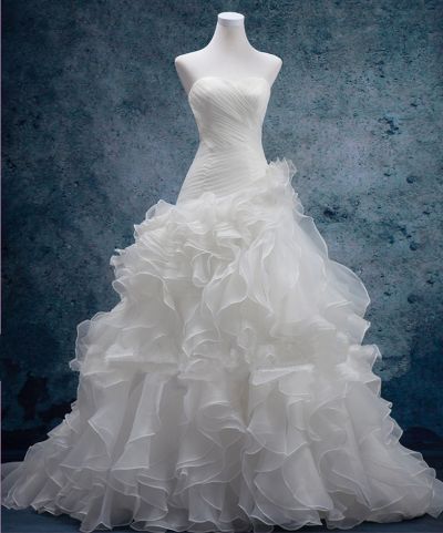 Column Sweetheart Neck Sleeveless Sweep / Brush Train Organza Wedding Gown With Ruffles