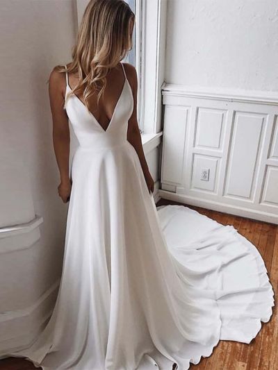 Wedding Dress with Spaghetti Straps and Deep V Neckline