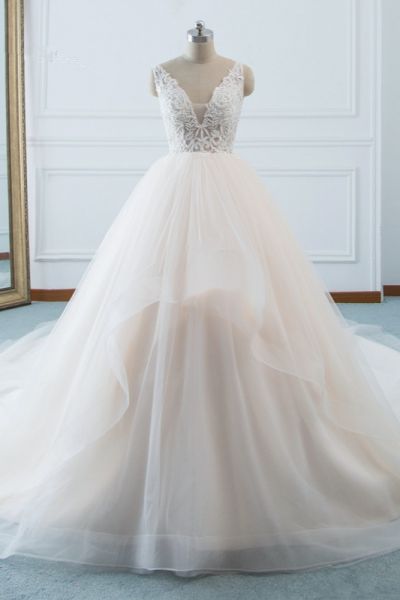 A-line V-neck Sleeveless Floor-length Tulle Wedding Dress With Appliques