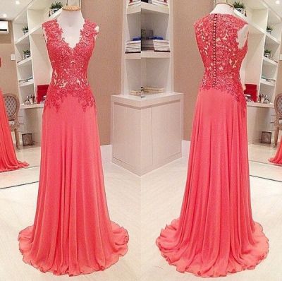 Column V-neck Sleeveless Sweep / Brush Train 100D Chiffon Formal Dress With Lace