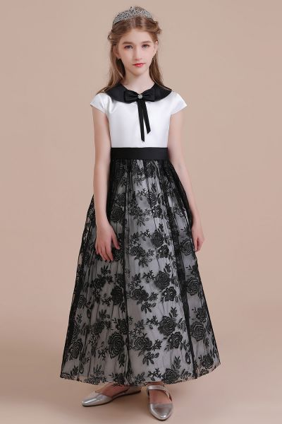 A-line Jewel Neck Short Sleeves Ankle-length Tulle Flower Girl Dress With Lace