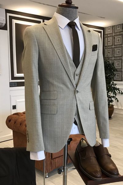Light Brown Plaid Notched Lapel Business Suit