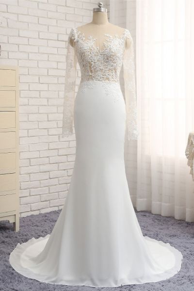 Mermaid Jewel Neck Long Sleeves Floor-length 100D Chiffon Wedding Dress With Appliques