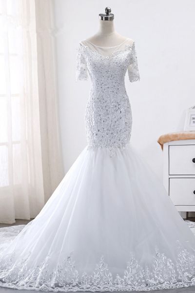 Mermaid Jewel Neck Short Sleeves Floor-length Tulle Wedding Dress With Lace