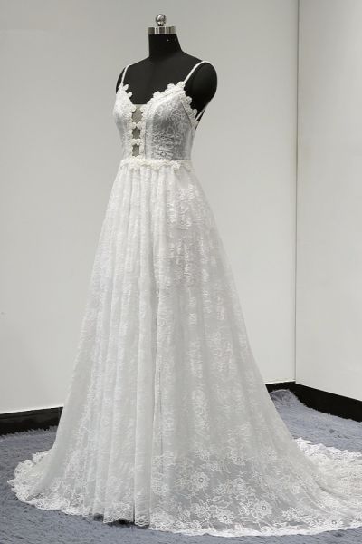 A-line Spaghetti Straps V-neck Sleeveless Floor-length Tulle Bridal Attire With Appliques