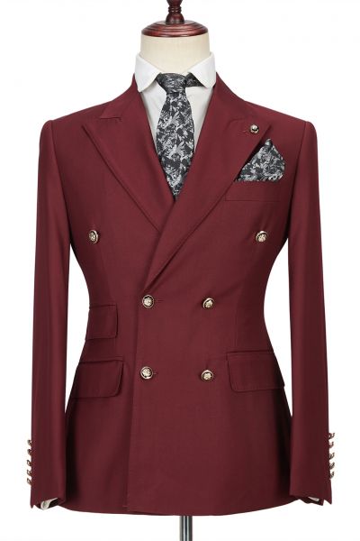 Burgundy Double Breasted Men's Formal Suit with Peak Lapel
