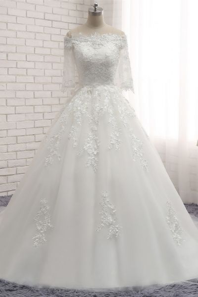 A-line Bateau Neck Half-Sleeves Floor-length Tulle Bridal Dress With Appliques