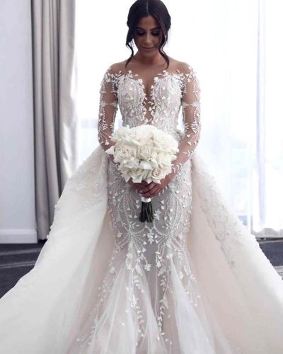 Mermaid Plunging Neckline Long Sleeves Court Train Bridal Gown With Lace