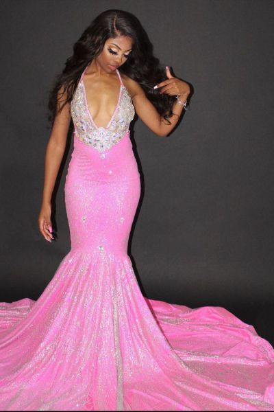 Mermaid Jewel Neck Halter-neck Sleeveless Sweep / Brush Train Satin Evening Gown With Crystal