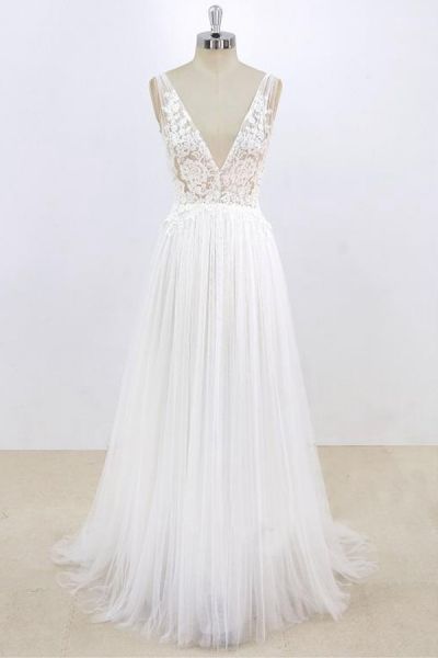 A-line V-neck Sleeveless Sweep / Brush Train Tulle Wedding Gown With Lace