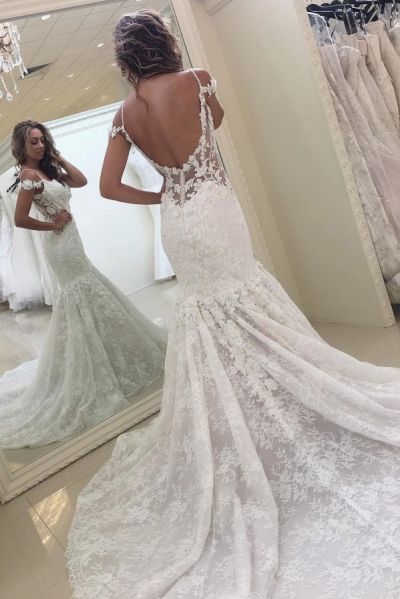 Mermaid Off-the-shoulder Short Sleeves Sweep / Brush Train Wedding Gown With Lace